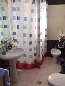 y baño con lavabo, aseo y cortina de ducha. en Apartmen ROZA Korce, en Korçë
