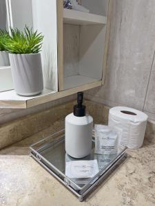 a bathroom sink with a soap dispenser and toilet paper at Apartamento c/vista p o mar no Leme in Rio de Janeiro