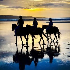 Tres personas montando caballos en la playa al atardecer en 90 Mile Paradise Ahipara en Ahipara