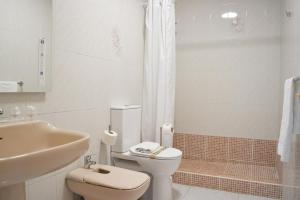 een badkamer met een toilet, een wastafel en een douche bij apartamento sabare rambla in Frontera