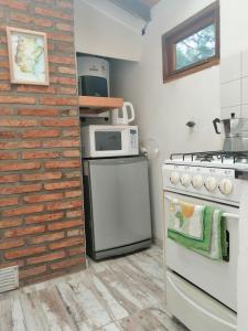 een keuken met een fornuis en een magnetron bij Las Adelas Chaltén in El Chalten