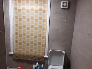 uma casa de banho com uma cortina de chuveiro e um WC em Relevant properties em Welling