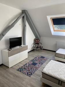 a living room with a flat screen tv in a attic at Gîte de l’Europe in Biville-sur-Mer