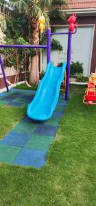 un parque infantil con un tobogán azul en un patio en شاليه فاملي دي family day, en Hail
