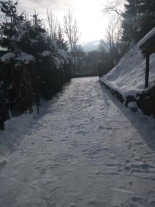 a snow covered path with trees and a fence at Chalupa Mlyn Dolný Kubín in Dolný Kubín