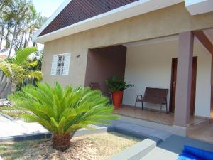 a house with a palm tree in front of it at Casa Olímpia, piscina aquecida, ar condicionado, garagem 2 carros p in Olímpia