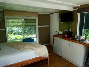 1 dormitorio con cama, ventana y lavamanos en Forest view bungalow en Nambucca Heads