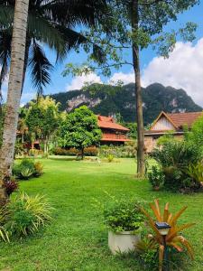 een tuin met palmbomen en een huis op de achtergrond bij Khao Sok Nung House in Khao Sok