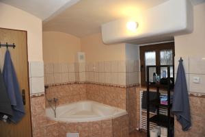 a bathroom with a bath tub in a room at Chalupa Hořice na Šumavě in Hořice na Šumavě +27 photos