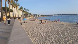 un gruppo di persone su una spiaggia con palme di Appartement Spacieux Proche Mer a Antibes