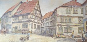 un dipinto di una via cittadina con edifici di Pension Jung, Bäckerei-Konditorei & Café a Ruhla
