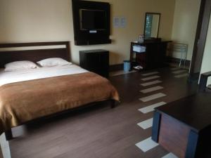 Schlafzimmer mit einem Bett, einem Tisch und einem TV in der Unterkunft SM Bromo Hotel in Probolinggo