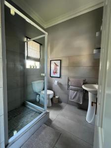 y baño con ducha, aseo y lavamanos. en Esme Road - WE HAVE NO LOADSHEDDING!, en Ciudad del Cabo