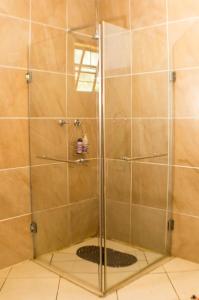 a shower with a glass door in a bathroom at Rosedale Organic Farm Bed & Breakfast in Addo
