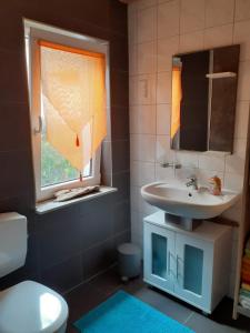 uma casa de banho com um lavatório, um WC e uma janela. em Ferienhaus Fiete em Plau am See