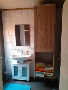a bathroom with a sink and a cabinet at Ferienhaus Fiete in Plau am See