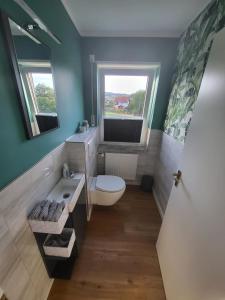 baño con aseo y lavabo y ventana en Ferienwohnung Wenzel, en Hilders