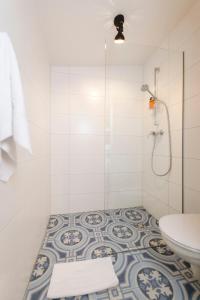 a bathroom with a shower and a toilet at zum Sigismund - kiss & sleep in St. Wolfgang