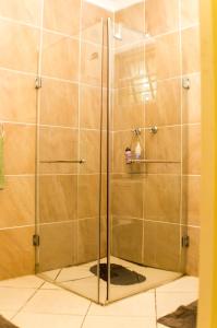 a shower with a glass door in a bathroom at Rosedale Organic Farm Bed & Breakfast in Addo