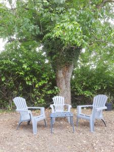 three white chairs and a table in front of a tree at La Muchette, maison au calme 3 chambres 2 salles d'eau in Juvigny +5 photos