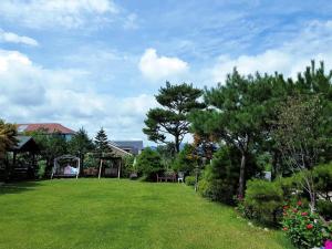 a large yard with a gazebo and trees at Daegwallyeong Beautiful Pension in Pyeongchang