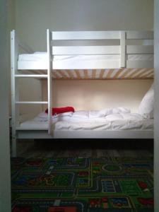 two bunk beds in a room with a rug at FeWo Eisblume. Erholung im wunderschönem Harz! in Altenau +2 photos