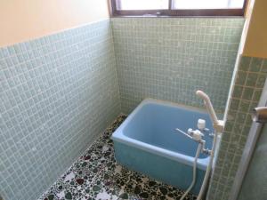 a blue tub in a bathroom with green tile at Mizu no Gakko in Shari