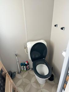 a small bathroom with a toilet with a black seat at Mobil home 6/8 personnes aux Mathes / La Palmyre in Les Mathes