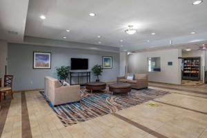 vestíbulo con sofás y TV de pantalla plana en MainStay Suites Denham Springs - Baton Rouge East, en Denham Springs