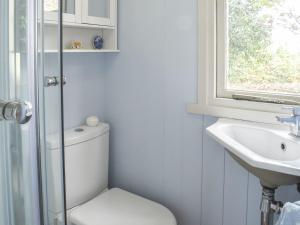 baño con aseo y lavabo y ventana en Farmhouse Garden Shepherds Hut en Thursley