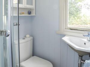 a bathroom with a toilet and a sink and a window at Farmhouse Garden Shepherds Hut in Thursley