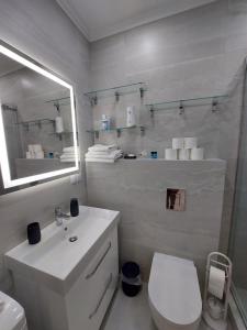 a bathroom with a sink and a toilet and a mirror at Apartament Vip Chirie in Chişinău