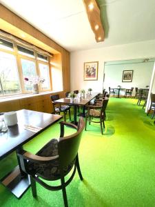 un comedor con mesas, sillas y alfombra verde en Rebgarten Hotel Schulgasse, en Ravensburg