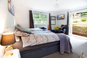 een slaapkamer met een bed en een raam bij Station Lodge close to City Centre with parking in Exeter