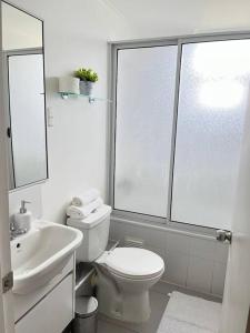 biała łazienka z toaletą i umywalką w obiekcie Valle Sur. w mieście Osorno