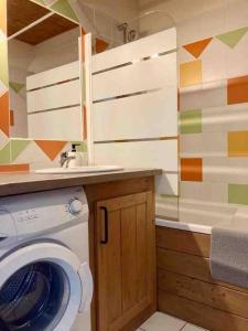 a bathroom with a washing machine and a sink at Le Nordmann - au coeur de Gérardmer in Gérardmer