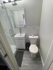 ein Badezimmer mit einem WC, einem Waschbecken und einem Spiegel in der Unterkunft Le Convivial in Rouyn