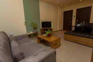 a living room with a couch and a television at Roots Hotel Apartment in Accra