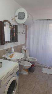 a bathroom with a toilet sink and a washing machine at Lovely spacious house with big garden in Elbasan