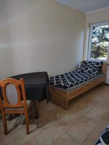 ein Schlafzimmer mit einem Bett, einem Stuhl und einem Fenster in der Unterkunft Dworek Zawadzkich in Kruszyn
