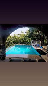 una gran piscina bajo un puente en EZE NOF - A hilltop villa with 360º water view, en Nashik