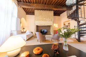 a living room with a fireplace and a bed and a couch at Monte Arena Chambre d'hôtes in Montaren-et-Saint-Médiers