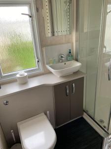 a bathroom with a toilet and a sink and a mirror at Sunrise - Beautiful lakeside caravan in South Cerney