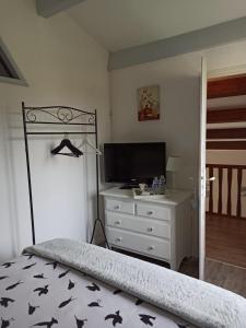 een slaapkamer met een bed en een dressoir met een televisie bij Magnolia in Trois-Palis