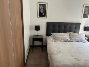 um quarto com uma cama com uma cabeceira preta e uma mesa em Espectacular depto Moderno 22 em Santiago