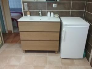kuchnia ze zlewem i lodówką w obiekcie les petites roches w mieście Saint-Fortunat-sur-Eyrieux