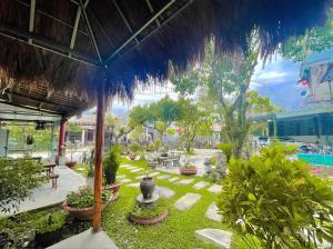 un jardín con una sombrilla grande y algunas plantas en Phong Nha Tuan Garden House en Phong Nha