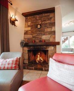 a living room with a stone fireplace with a red chair at Le Milan Royal 26 pers, Malmedy, Balnéo, vue, calme in Malmedy