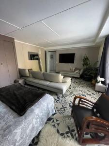 a living room with a couch and a couch and a tv at Au coeur des Alpes 3 in La Roche-sur-Foron