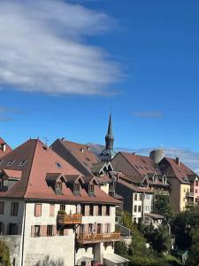 a group of buildings with a church in the background at Au coeur des Alpes 3 in La Roche-sur-Foron